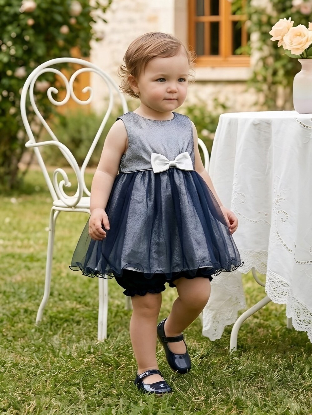 Rosenau Baby Dress Set 18M Silver Metallic Bodice Navy Mesh Skirt Bloomers EUC